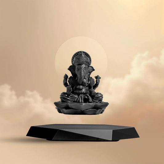 Lord Ganesha Levitating Sculpture - Limited Edition, Magnetic Floating Idol with Black Sculpture & Black Base, Home Decor and Gift Item