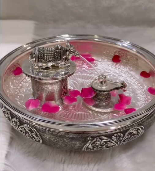 Handcrafted  Pure golden & Silver Nandhi Abhishekam Urli Water Fountain with Shivling