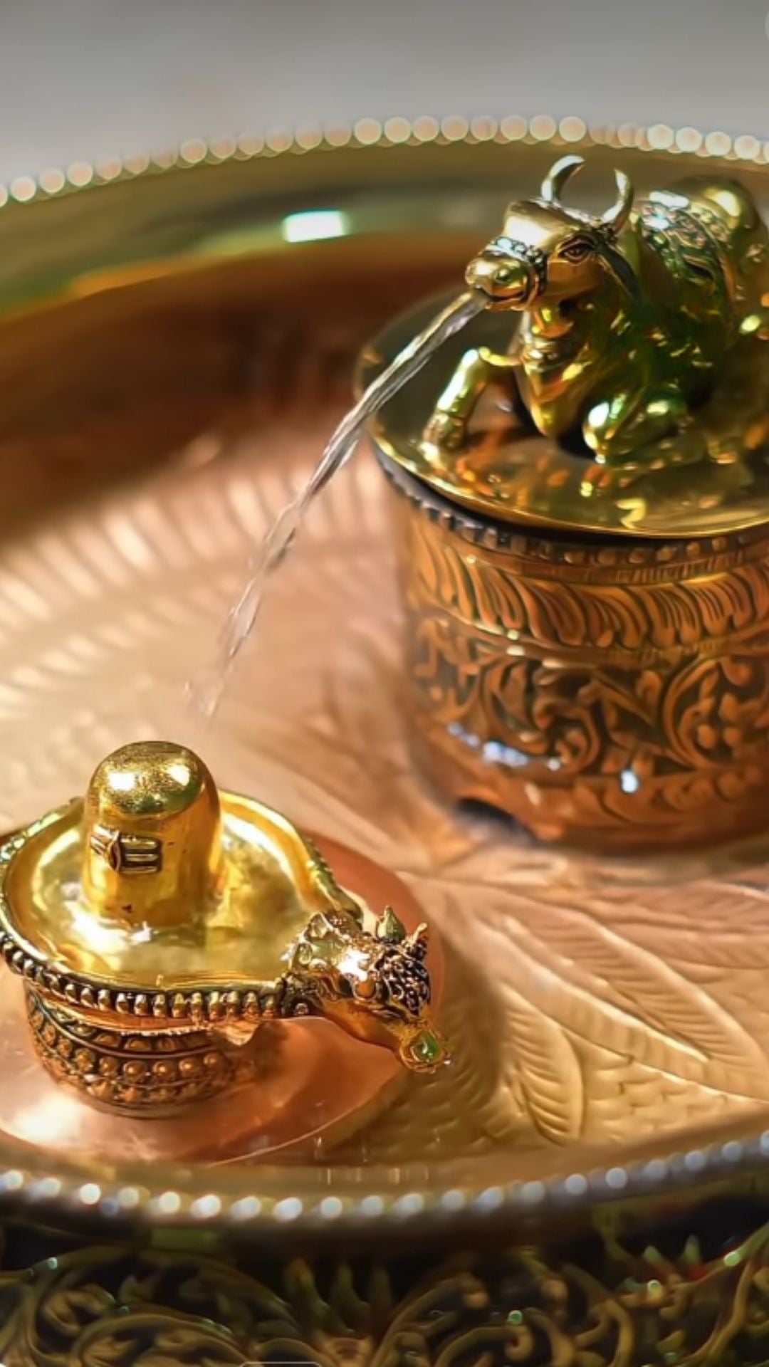 Handcrafted  Pure golden & Silver Nandhi Abhishekam Urli Water Fountain with Shivling