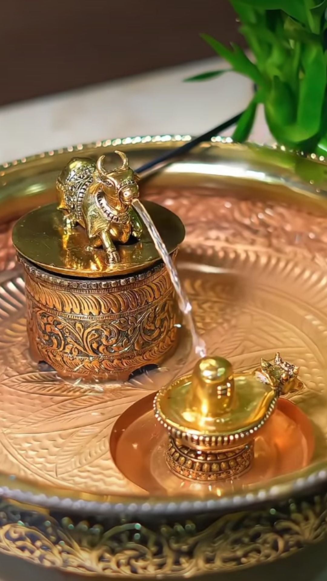 Handcrafted  Pure golden & Silver Nandhi Abhishekam Urli Water Fountain with Shivling